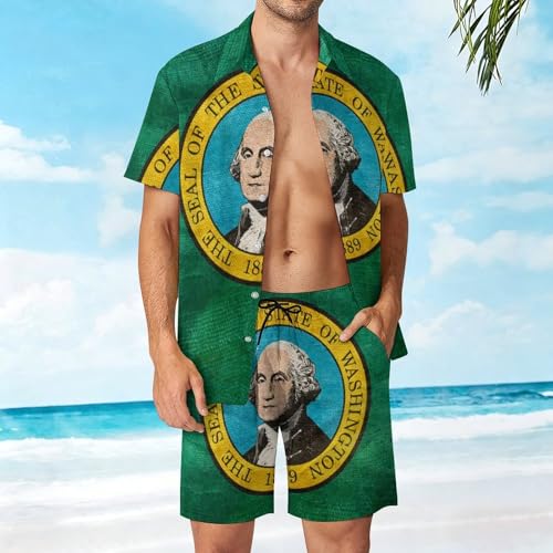 Camisa de botones y pantalones cortos de playa de Washington para hombre conjunto de 2 piezas 4