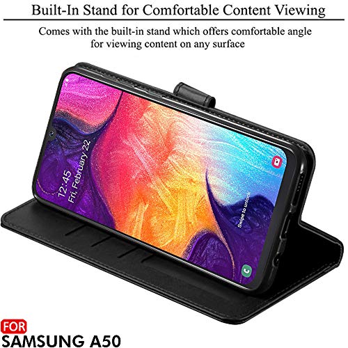 Image of TheGiftKart Genuine Leather Finish Flip Cover for Samsung Galaxy A50s / A50 / A30s | Inside Pockets & Inbuilt Stand | Wallet Style Back Case | Designer Button Magnet Closure (Black)