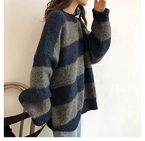 Women Vintage Striped Sweater Knitted Long Sleeve Loose Oversized Pullover Jumper Tops Blue #TOP1