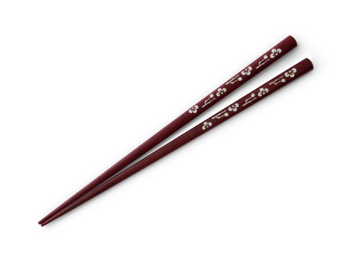 Original Baguettes japonaises Komachi Sakura Pourpre Purple Heart (Bois). 21 cm de Long, Incrustation. de Magnifiques Fleurs Véritables handwerks en en Japonais, avec Emballage Cadeau