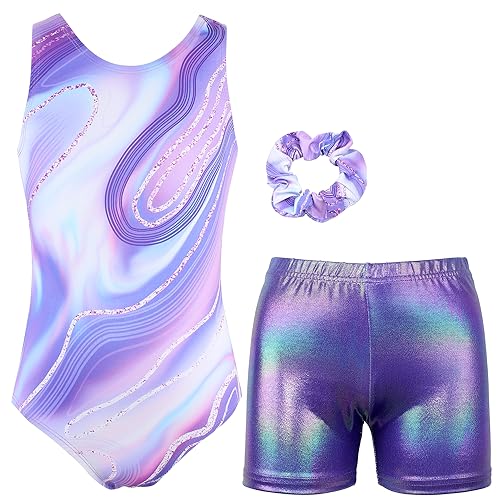 MODAFANS Gymnastics Leotards for Girls with Shorts Ballet Dance Set Activewear Purple Marble,8-9Years