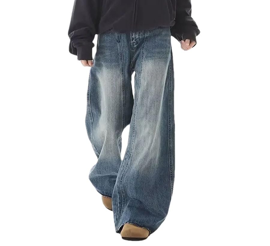 Men’S Vintage Wide Leg Jeans Mid Waist Regular Fit Denim Pants Casual Boyfriend Style with Button Jeans