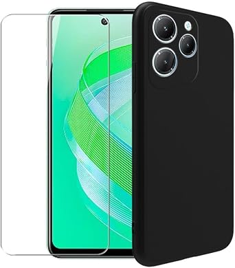 Case for Infinix Smart 8 + Glass Screen Protector Tempered Film - Transparent Silicone Soft Flexible Bumper Shockproof TPU Protective Cover Shell for Infinix Smart 8 Black