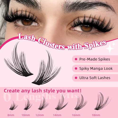 PROLASHBEAUTY Spiky Lash Clusters Manga Lash Clusters Kit 80 Thick Individuals Lashes with Spikes Lash Bond and Seal Lash Remover Lash Tweezer Apply at Home(80D, 8-18mix) — view 3