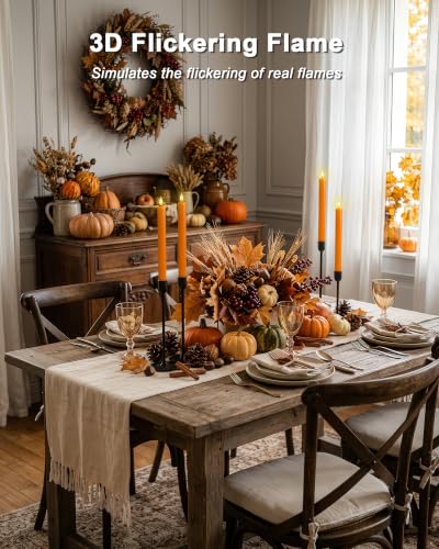 Image of Homemory 2 Pcs Real Wax Flameless Taper Candles, 9.6 inch Dripping Orange LED Candlesticks with Flickering Flame, Battery Operated with Remote and Timer for Autumn Home Window and Table Decor