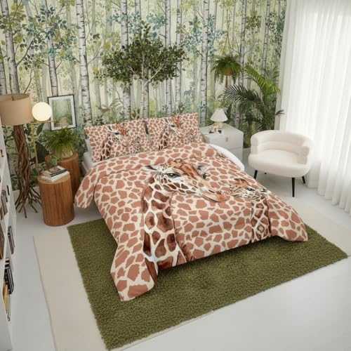 Image of QOOMO Cartoon Giraffe Comforter for Girls Boys Watercolor Duvet Set Yellow Animal Bedding Set Twin Size with 2 Pillow Shams Lightweight Microfiber for All Seasons