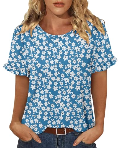 CRAZY GRID Women's Shirts Summer Casual Crewneck Ruffle Short Sleeve Blouses Cute Floral Print Tunic Tops