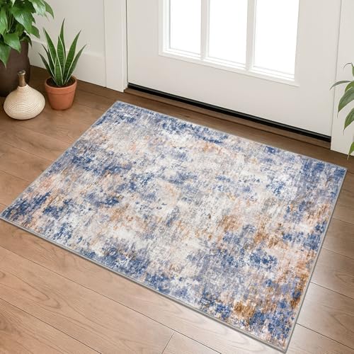 Lansny Modern Abstract Entryway Rug Indoor 2x3 Washable Non-Slip Soft Grey Blue Orange Colorful Small Area Rug Kitchen Mat Thin Print Faux Wool Floor Carpet for Entrance Bedroom Office