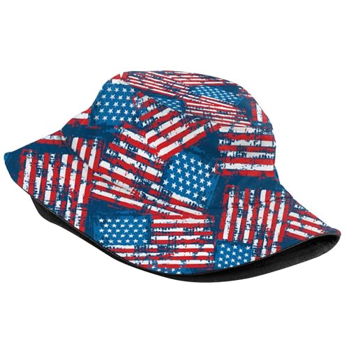 Image of Bucket Hat Painted American Flag Fisherman Hat for Women Men, Fashion USA Flag Patriotic Hat Summer Outdoor Beach Hat Packable Sun Cap