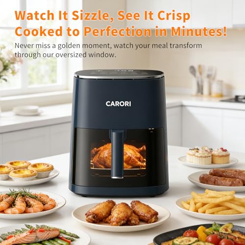 Image of CARORI 6QT Air Fryer with Viewing Window, 12 Cooking Presets, 1700W Fast & Even Cooking, Max 400℉ Crisping, Bake, Roast, Reheat & Dehydrate, Large Nonstick Basket, Dishwasher Safe, Dark Blue