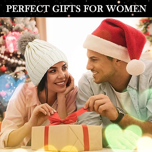 Image of Winter Hats for Women - Beanies Women Winter Hat with Faux Fur Pom Warm Knit Skull Cap Thick Beanie Hat White