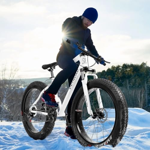 Outroad Mountain Bike Fat Tire with 4-Inch Tire 26 inch Wheels, 21 Speed with High Carbon Steel Frame, Double Disc Brake and Front Suspension Anti-Slip Bikes for Men and Women, White