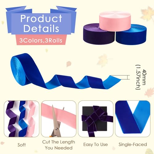 PH PandaHall PandaHall 3 Rolls Single Face Velvet Ribbons Pink Blue Velvet Ribbon 40mm Satin Ribbon for Sewing Bowknot Making Gift Wrapping Party Wedding Decor - Image 3