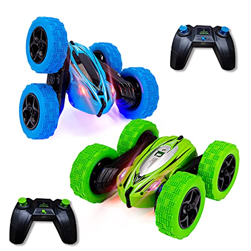 2 Pack Remote Control Car for Boys Girls 4WD Adults Kids RC Stunt Cars 2.4Ghz Double Sided 360°Rotating Monster Race Trucks Toys with Led Lights & 4 Rechargeable Battery,Blue+Green (2 Batteries) 2 Pack Remote Control Car for Boys Girls 4WD Adults Kids RC Stunt Cars 2.4Ghz Double Sided 360°Rotating Monster Race Trucks Toys with Led Lights & 4 Rechargeable Battery,Blue+Green (2 Batteries)