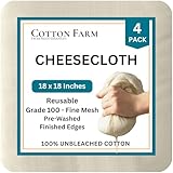 Cotton Farm Grade 100 Cheese Cloths for Straining & Cooking, 18 × 18 Inch, 100% Unbleached Cotton Cheesecloth, Butter Muslin, Finished Edge, Reusable & Pre-Washed