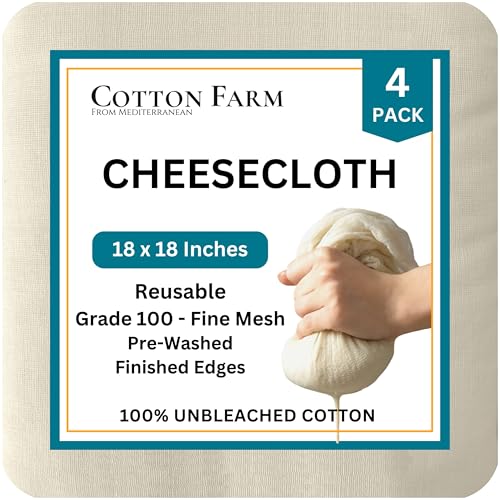 Cotton Farm Grade 100 Cheese Cloths for Straining & Cooking, 18 × 18 Inch, 100% Unbleached Cotton Cheesecloth, Butter Muslin, Finished Edge, Reusable & Pre-Washed