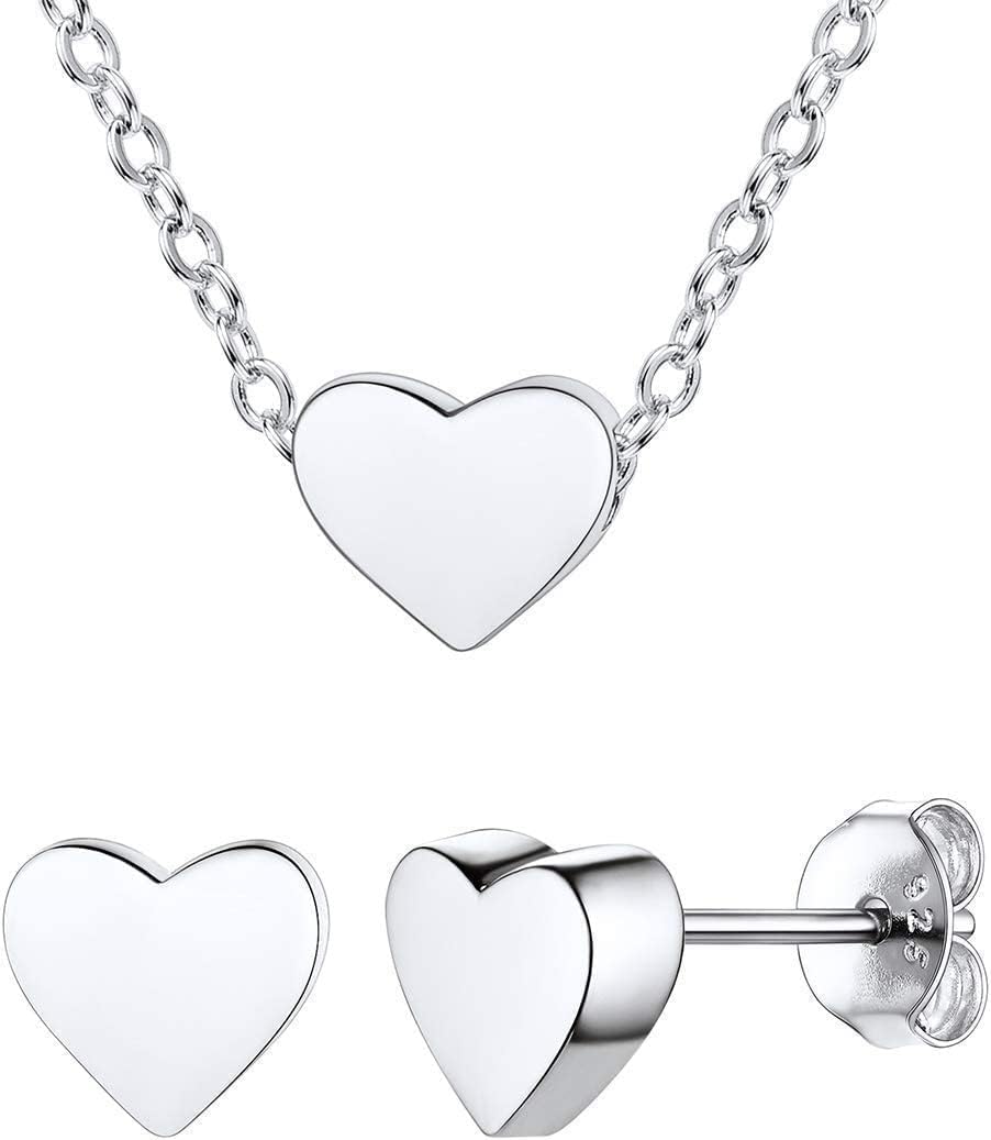 ChicSilver Women 925 Sterling Silver Jewelry Set, Simple Dainty Heart Necklace and Stud Earrings Sets for Women Teen Girls