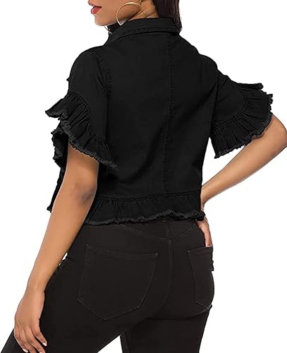 Miniatura 2 de vunahzma Chaqueta de mezclilla para mujer, con botones, manga desgastada, con volantes, abrigo