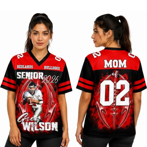 NAZENTI Personalized Custom Football Jersey, Senior 2026 Mom Shirt with Player Name, Team Name and Number, V Neck Short Sleeve Graphic Sports Top for Women, School Supporter Fan Apparel 15 Red