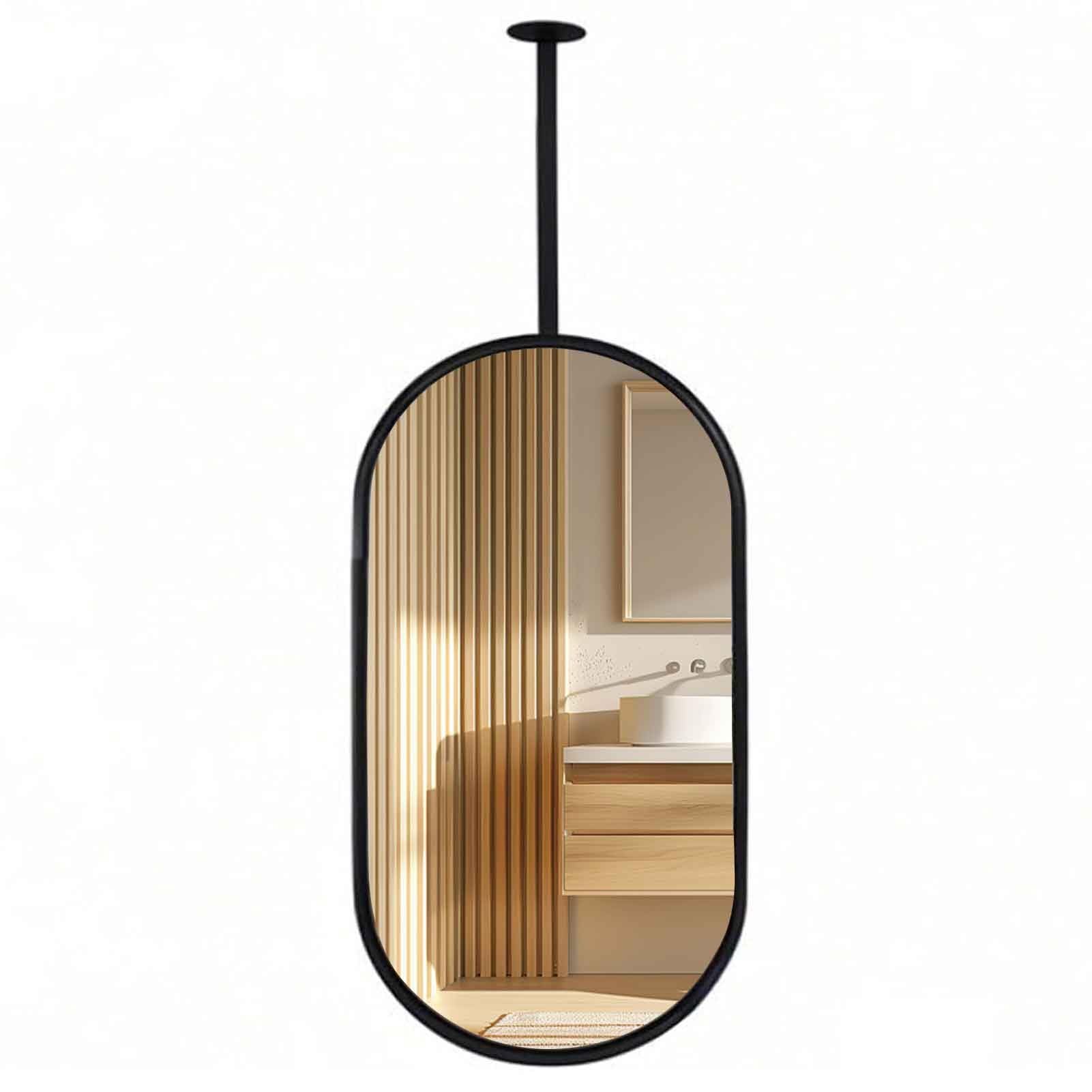 FGXHHS Oval Ceiling Hanging Mirror, Black Metal Framed Decor Mirrors Mount - Rod Length Customisable(50cmx100cm)