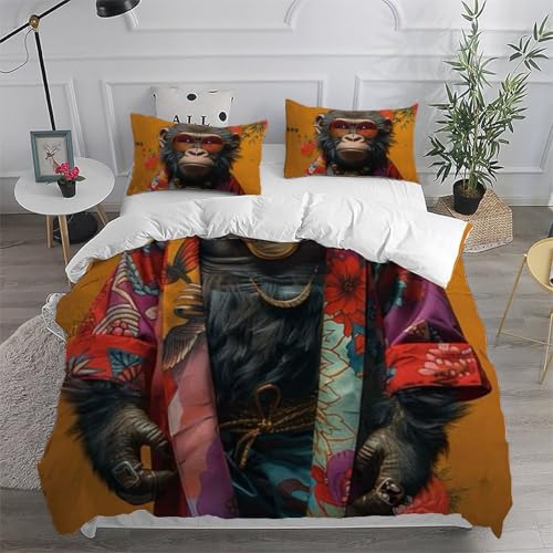 Housse de couette singe imprimé 3D microfibre animaux 200x200 pour lit double