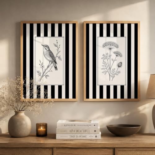 Image of Vintage Black White Wall Art Frames for Living Room Bedroom - Minimalist Botanical & Bird Stripe Wall Painting Set | Modern Aesthetic Monochrome Home Wall Decor with Wooden Frame (Art 11, 10x13 Inches)