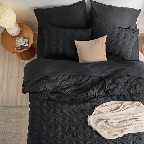 Bedsure Bed in a Bag Full - 7 Pieces Plaid Seersucker Bedding Comforter Sets, Soft Lightweight Black Boho Bed Set with Comforters Full Size, Sheets, Pillowcases & Shams