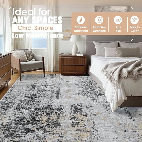 10x14 Area Rugs for Living Room Rug Washable: Abstract Large Rug Indoor Modern Carpet Non Slip for Dining Room Bedroom Nursery Home Office Black Grey Gold