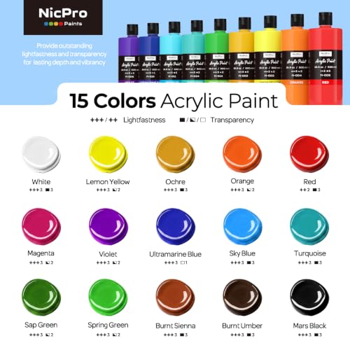 Image of Nicpro 15 Colors Large Bulk Acrylic Paint Set 16.9 oz / 500 ml, Craft Paint