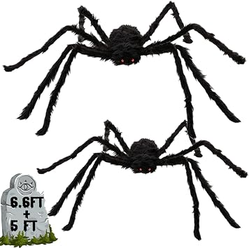 2Pack Halloween Hairy Spiders, Scary Large Giant Spiders Fake Realistic Halloween Decorations for Graveyard, Haunted House Accessories, Indoor/Outdoor Spooky Scene Party Favors Decor 6.6 FT + 5 FT