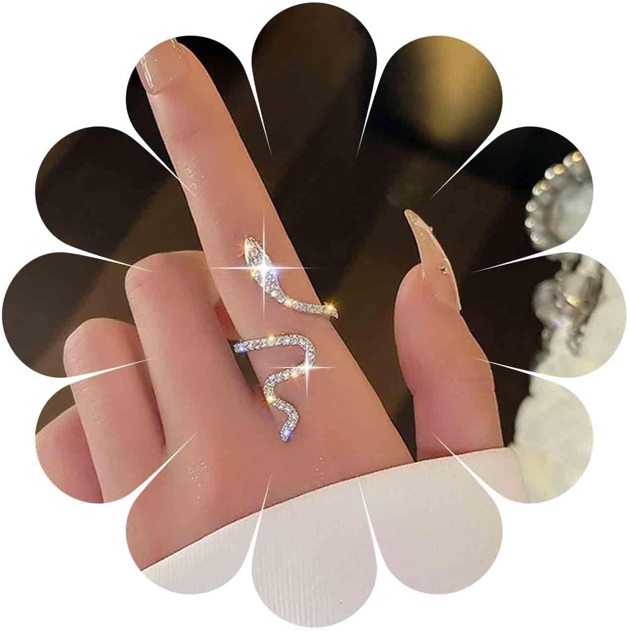 Vintage Long Crystal Snake Rings Silver Rhinestone Spiral Snake Cz Opening Finger Rings Punk Reptile Serpent Ring Adjustable Statement Ring Jewelry for Women