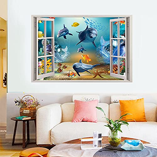 3D Ocean World Fake Windows Wall Sticker,Shark Turtle Tropical Fishes Sea Life Peel And Stick Removable Windows Wall Decals For Boys And Girls Bedroom Playroom Living Room（24"X18"） #TOP1