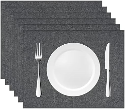 Jehdhe Cloth Placemats Set of 6, Heat Resistant and Machine Washable Table Mats for Dinning, Linen Table Placemats for Kitchen Decor, 11.8 x 15.7 Inch, Dark Grey