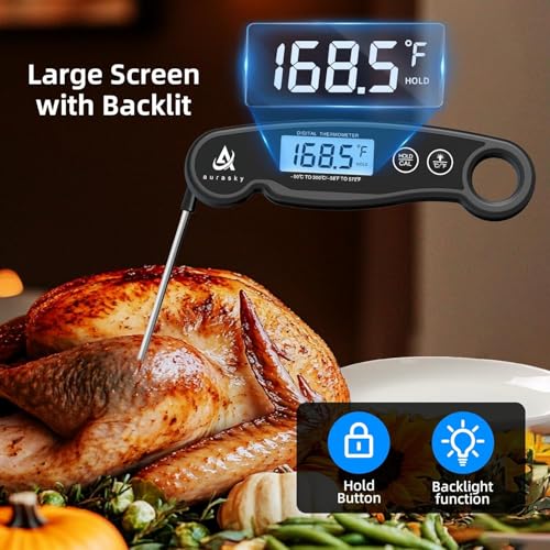 Aurasky Digital Meat Thermometer – Instant Read Food Probe with Backlit, Wide Temperature Range for Turkey, Grill, BBQ, Baking & Sourdough, Black