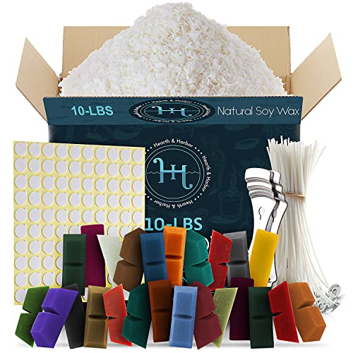 Hearth & Harbor Natural Soy Wax and DIY Candle Making Supplies - 10 Lbs Soy Candle Wax Flakes, 24 Candle Wax Dye Blocks, 100 Cotton Wicks, and 2 Metal Centering Device