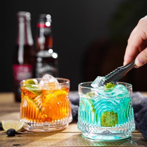 wookgreat Vintage Drinking Glasses, Set of 4 Hand-Made Glass Cups-2 Highball Glasses 17oz & 2 Rocks Glasses 10oz, Mojito Cups, Cocktail Glass, Bar Glassware Set for Cocktail, beer, Whiskey