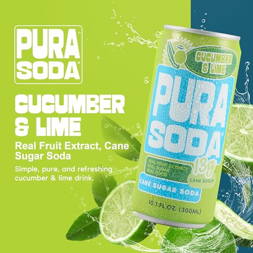 Image of PuraSoda Cucumber & Lime - 12g Pure Cane Sugar Soda, 10 Fl Oz, Pack of 12 | Real Fruit Extract, Non-Gmo Vegan, No Stevia Or Artificial Sweeteners, 13g Cane Sugar, 10 Fl Oz Cans