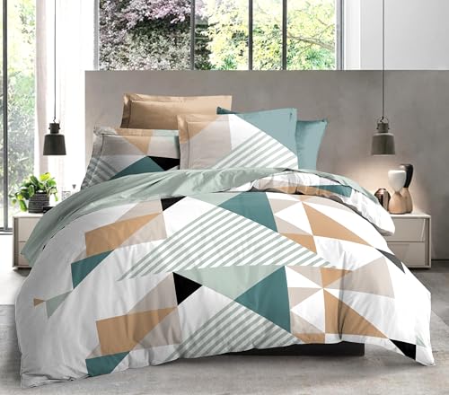 COTON PUR Parure de Couette 3 Pièces Louna 260 x 240 cm King Size (Géo Turquoise)