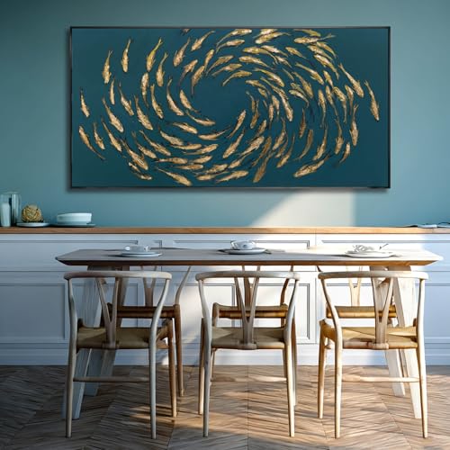 Image of Large Framed Wall Art Fish Gold Artwork Ocean Animal Canvas Print Pictures for Wall Fishes Golden Arts Home Decorations 29 inchx58 inch Ready to Hang