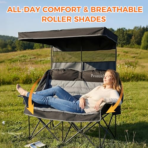 Silla doble para camping con toldo Pcuauld, plegable, para 2 personas, resistente y con portavasos miniatura 6