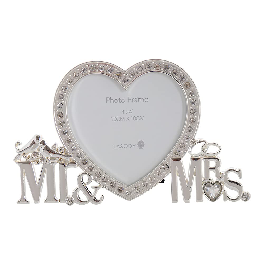 Lasody Crystal Heart Mr & Mrs Picture Frame,4x4 Inch,Newlywed Photo Gift for Wedding, Display on Tabletop,Desk
