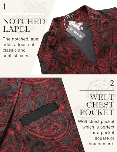 COOFANDY Mens Suit Vest Paisley Floral Victorian Vests Gothic Steampunk Formal Waistcoat Tuxedo Vests with Notched Lapels, Wine Red, Medium