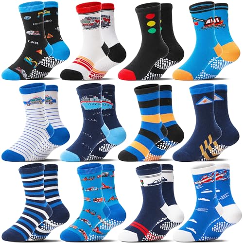 Welwoos - Welwoos Baby Boys Grips Socks Kids Toddlers Infants Non Slip Anti Skid Funny Cartoon Animal Cotton Truck Grippers Socks 12 Pairs Gifts Stocking Stuffers for Boys (Blue Cars,5-8 Y)