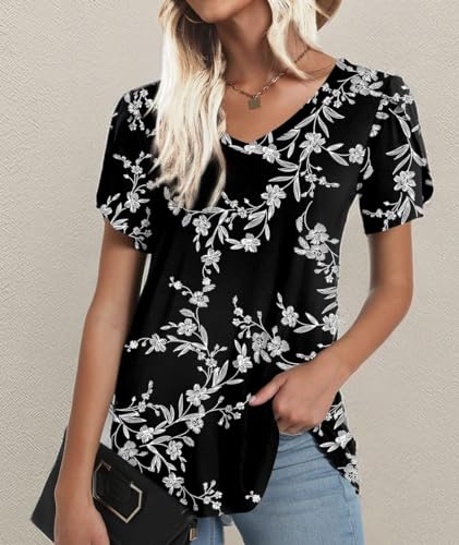 Image of CATHY 2026 Women Tops Summer Short Sleeve Tunic V Neck T-Shirts Loose Casual Floral Blouse S-4XL