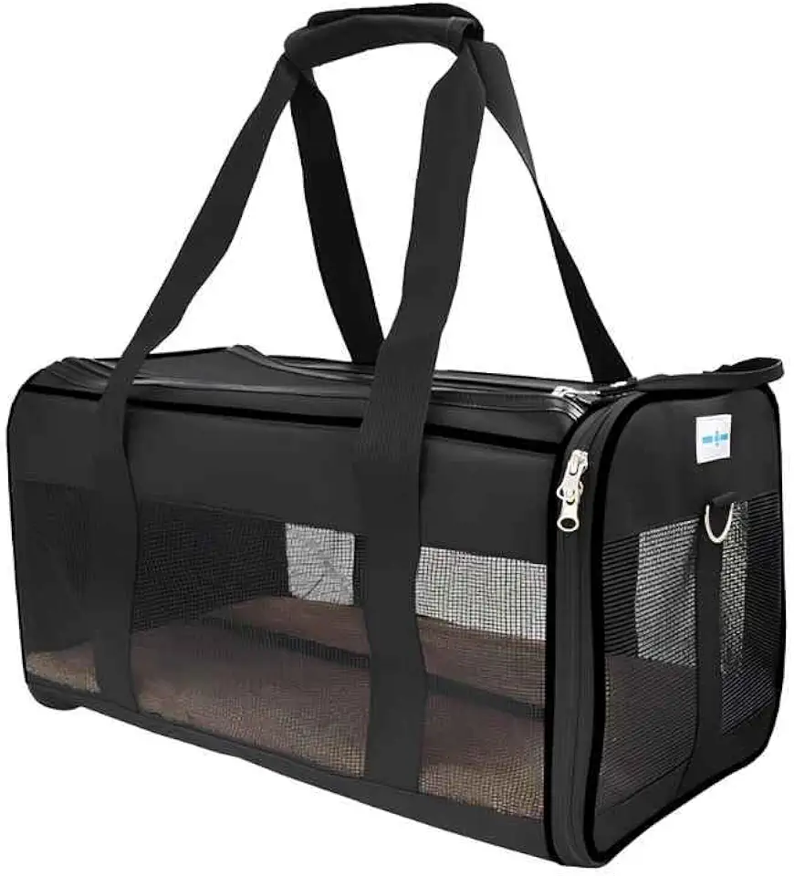 Bolsa Transporte Pet para Avião Cabine Viagem Ventilação Cães e Gatos Reforçada até 10kg Tela Arejada Alça e Tapete Removível Preta - Duke & Dixie