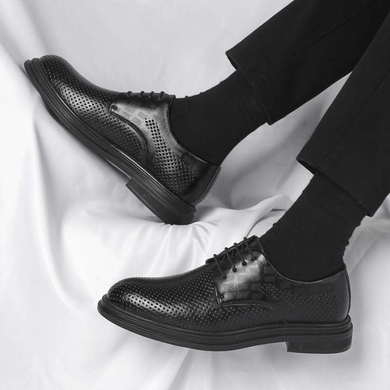 Mens Hollow Breathable Formal Shoes Dress Oxford Burnished Leather Lace Up Non Slip Block Heel Anti-Slip Slip Resistant Shoe for Casual Wedding Party Prom Evening Pointed Toe3
