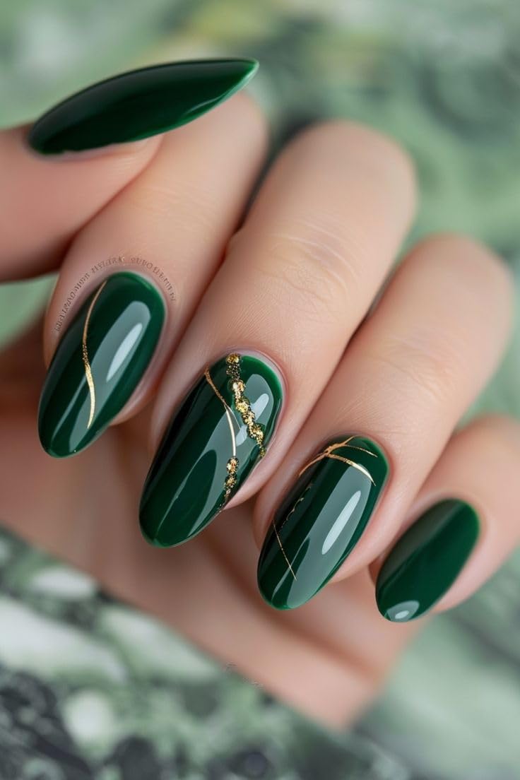 FWS Artificial Press On Nails Art Set, Reusable Stick On Nails Glossy Dark Green With Golden Chrome Swirls Shape Long Oval (Set Of 20) With Nail Glue, Nail file, cuticle pusher, cleaning wipe-image-18