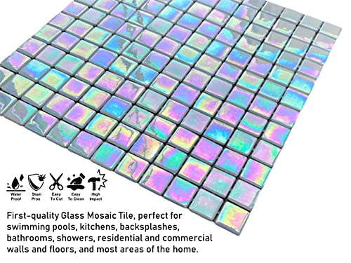 Tenedos Square Iridescent Recycled Glass Mosaic Floor And Wall Tile For Kitchen Backsplash, Swimming Pool Tile, Bathroom Wall, Accent Wall, (Not Peel And Stick Tile) (1 Sheet, White) #TOP2