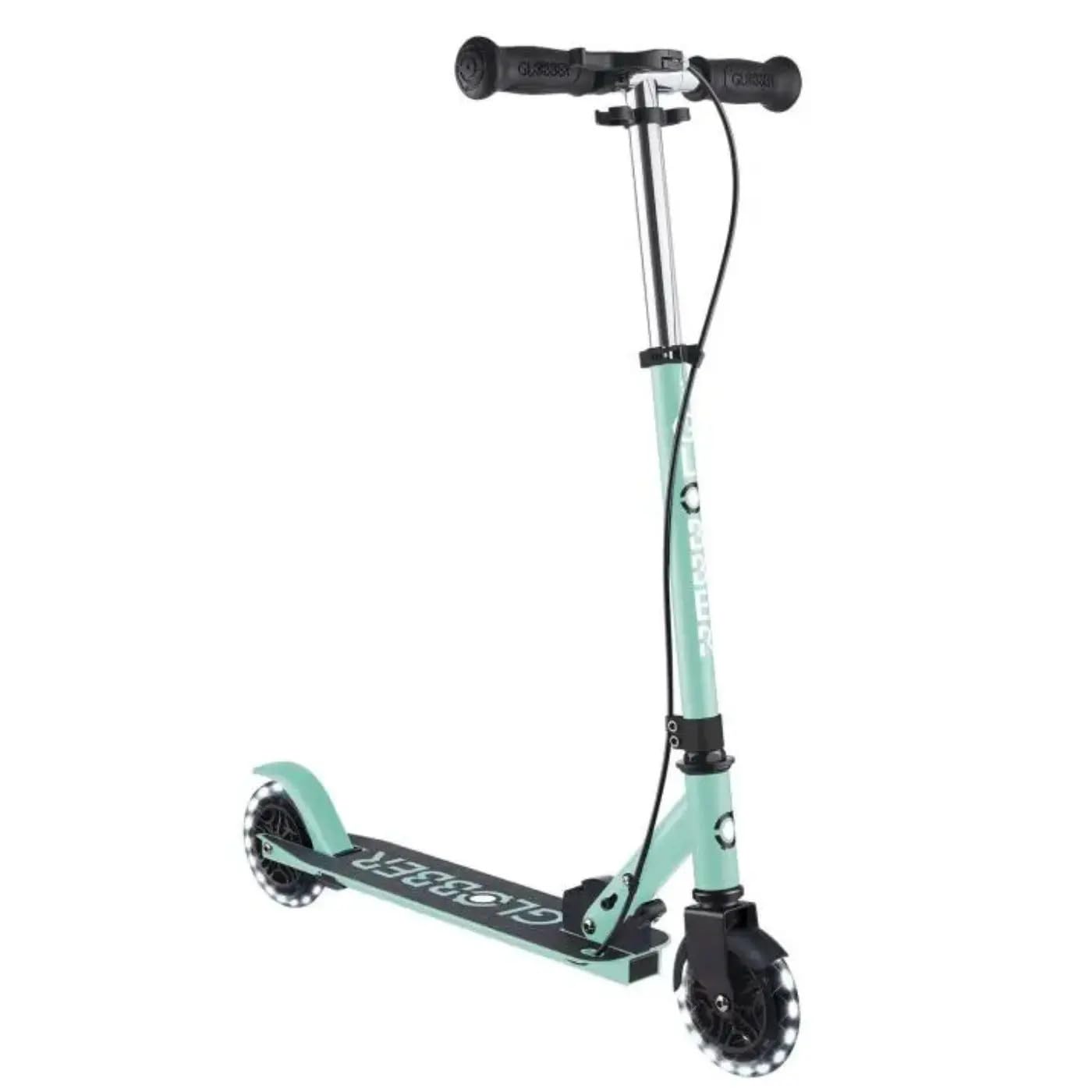Globber - Flow Element Junior Lights - Patinete Plegable de 2 Ruedas con Freno Trasero, Manillar Ajustable y Luces LED, para niños Desde los 4 años - Color Verde Menta