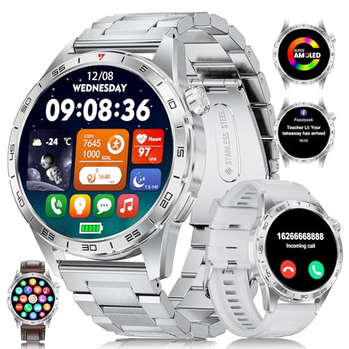 SUNKTA Smart Watch Men (3 Straps),Answer/Make Calls,1.43'' AMOLED,IP68 Waterproof,110+ Sports Modes Fitness Watch/Sleep Monitor/SpO2/Heart Rate/Pedometer Rugged Outdoor Smart Watch,Silver